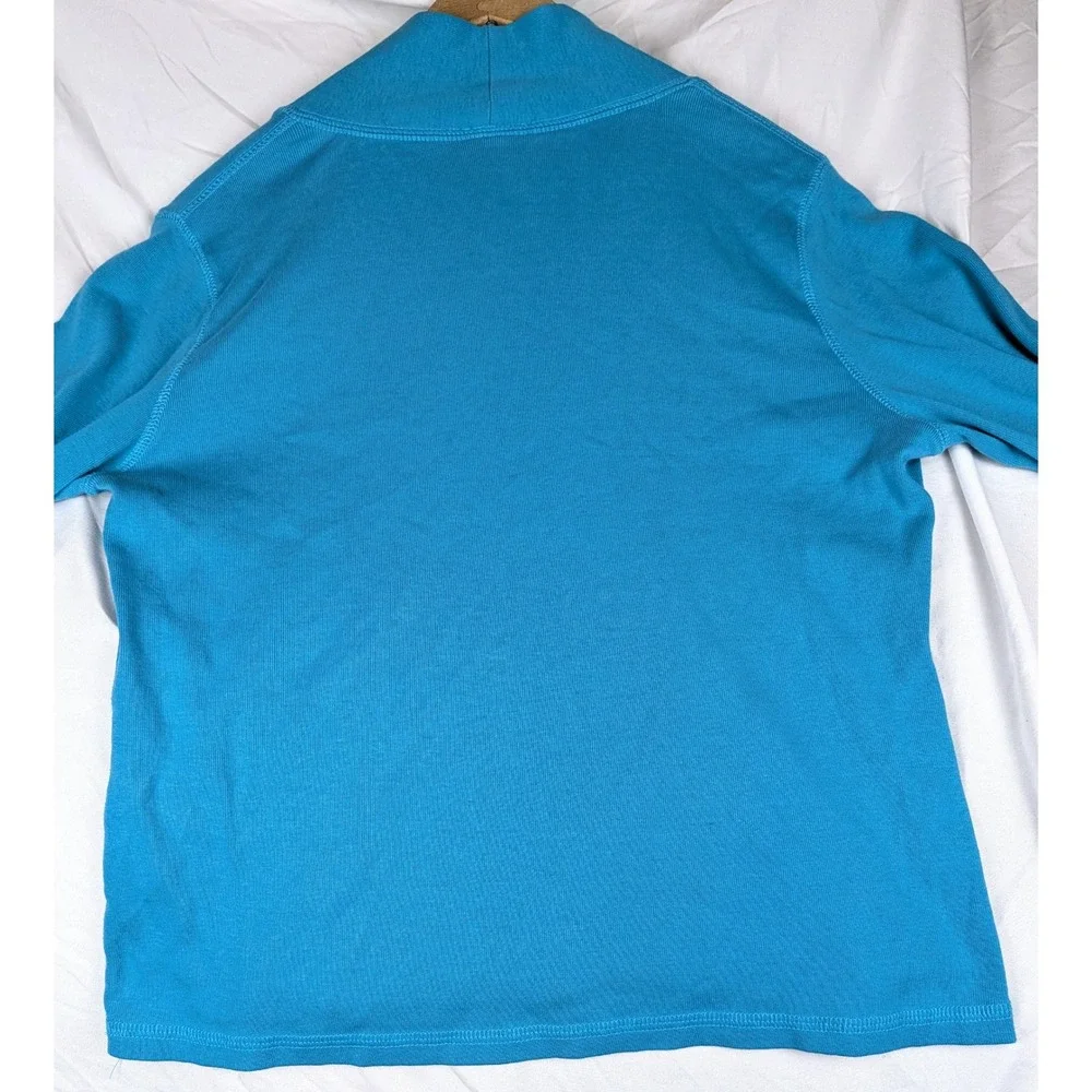 Rafaella Womens Large Turquoise Blue V-Neck Long Sleeve Ribbed Cotton Top